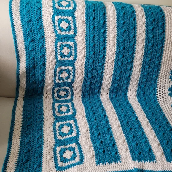 Blue and white Boho Granny crochet Handmade Blanket Throw - Picture 2 of 9